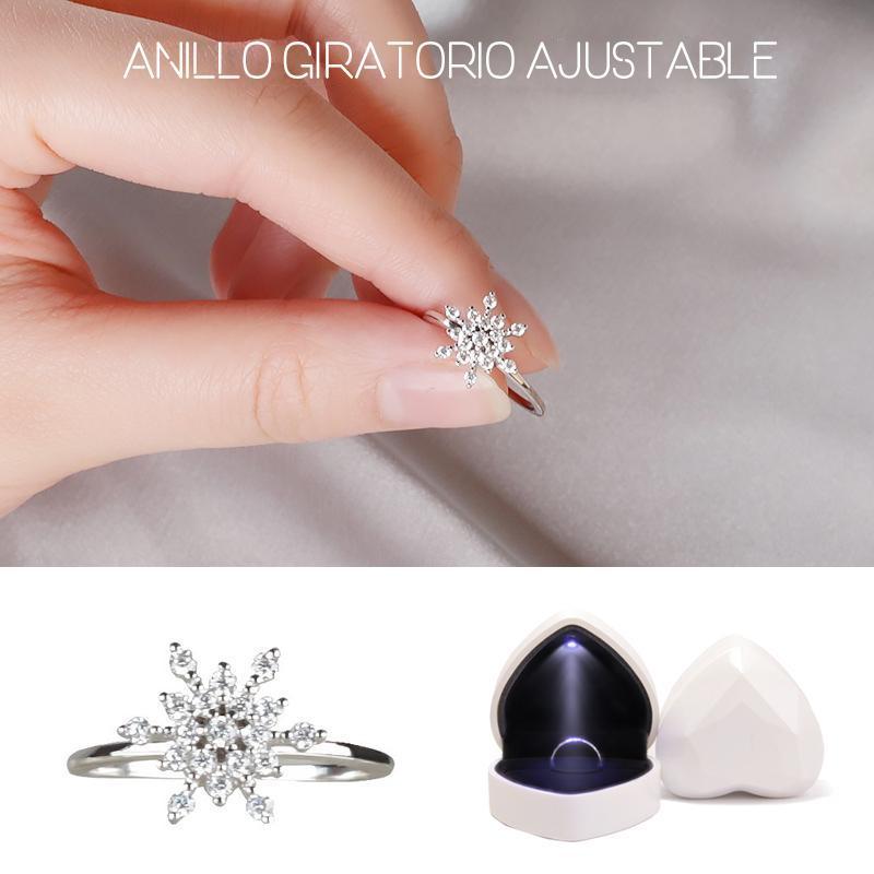 Anillo giratorio ajustable para mujer Caja de anillo en forma de corazón de copo de nieve con LED
