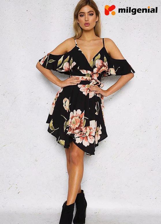 Vestido Estampado Fuera Del Hombro - Negro